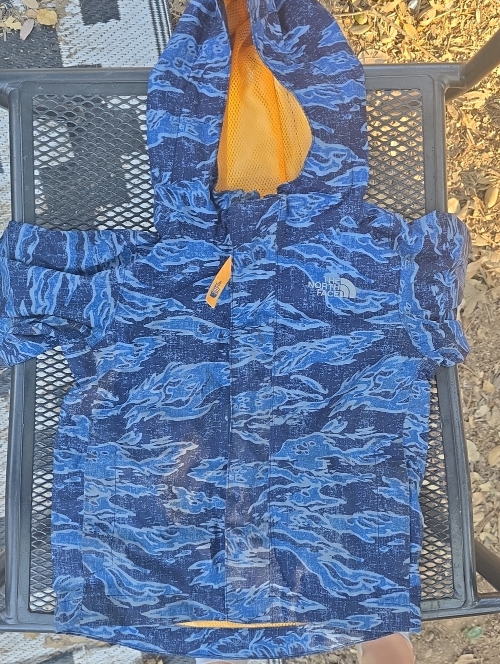 The North Face Kids Blue Camo Raincoat with Yellow Lining
